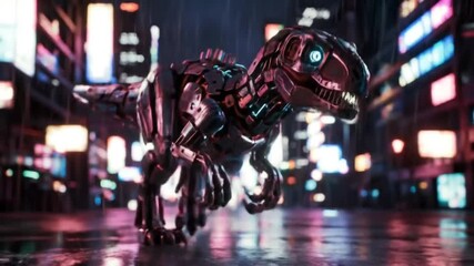 cybernetic t-rex walking futuristic city night - Powered by Adobe