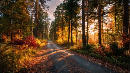 Obraz premium Road in autumn forest at sunset.