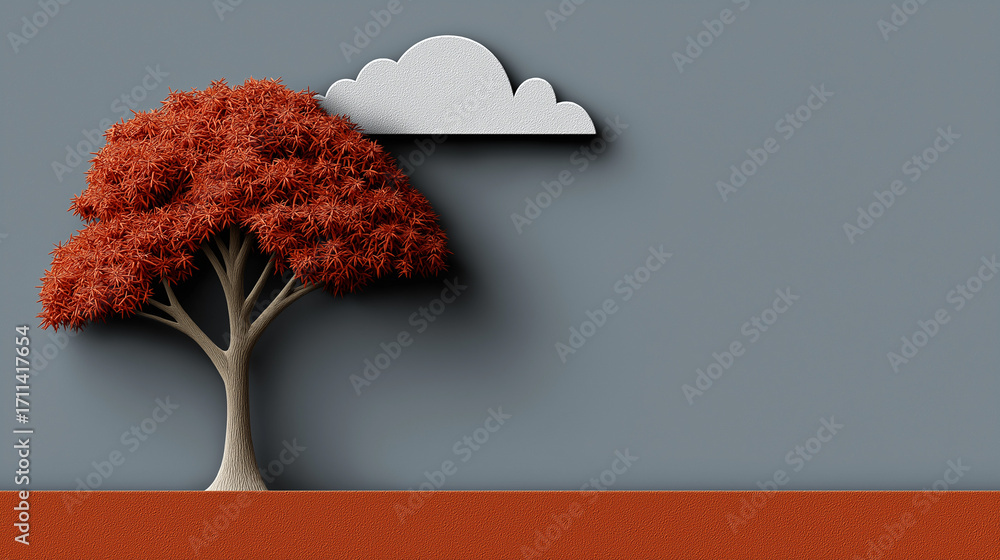 Poster autumn tree and cloud: an artistic rendering features a vibrant autumn tree adorned with fiery red l
