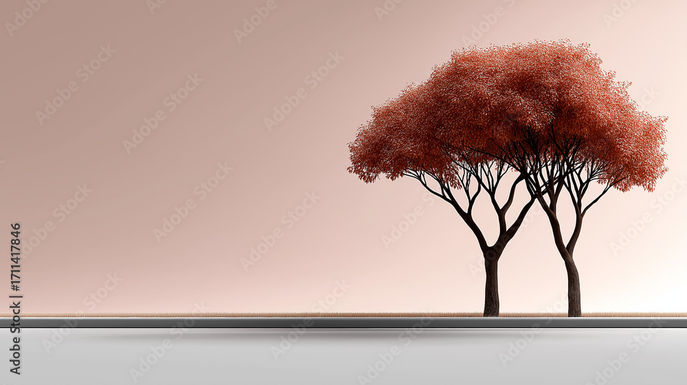 Poster minimalist autumn trees: a serene minimalist composition features two slender trees with vibrant aut
