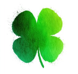 Abstract four-leaf clover, painted in shades of green with splatters