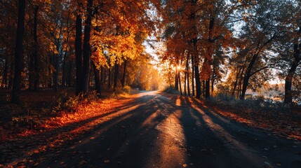 Obraz premium Road in autumn forest at sunset.
