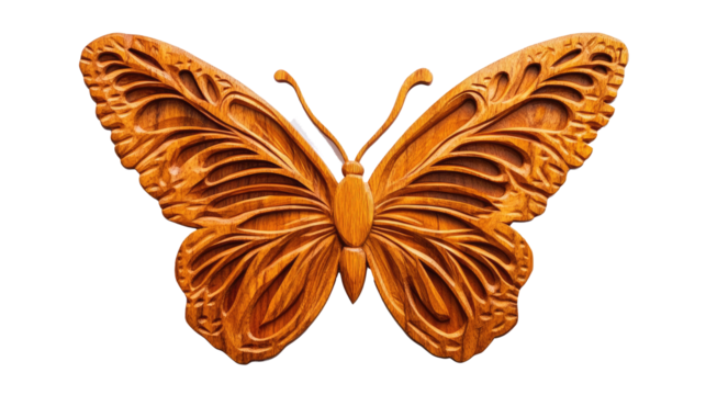 A carved wooden butterfly on a white background - png