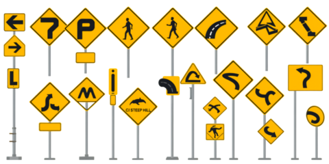 Collection of various yellow diamond shaped road warning signs and traffic symbols