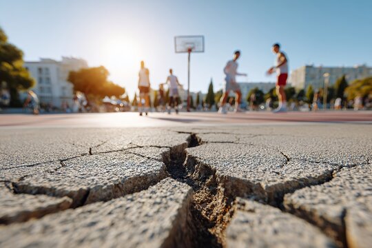 Cracked basketball court with players at sunset