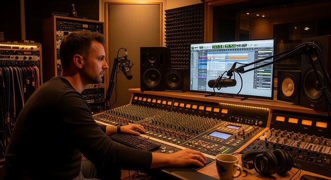 Sound engineer creating audio mix, at soundboard in professional studio