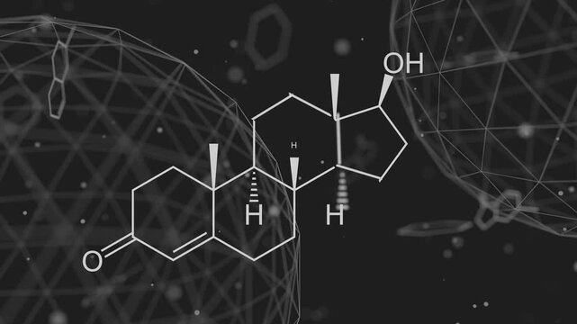 Formula hormone testosterone build against scientific backdrop. Biochemistry science animation