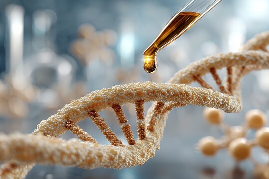 Close-up of dna strand with droplet symbolizing biotech advancements in genetic engineering - Powered by Adobe