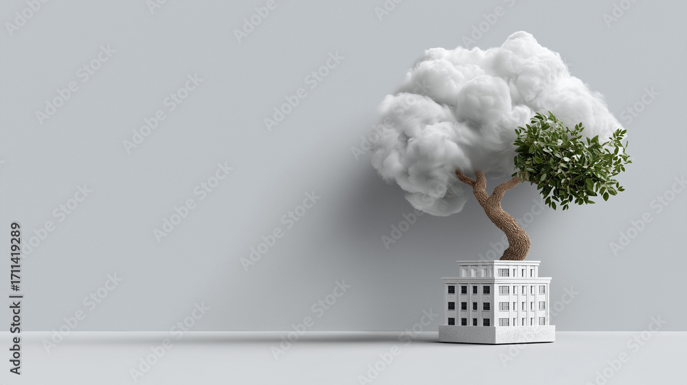 Poster dreamscape tree: an imaginative tree with fluffy clouds, growing from a minimalist building, creatin
