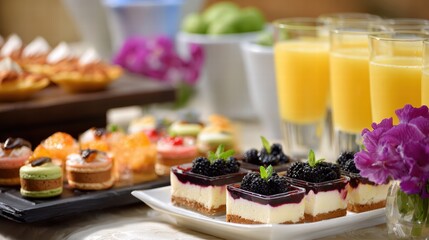 Delicious Breakfast with Pastries  Juice  and Desserts