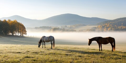 Obraz premium Two horses graze in a tranquil meadow surrounded by misty mountains and autumn trees, creating a serene and picturesque landscape.