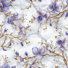 Seamless pattern with elegant blooming floral branches in deep purple and gold, on a white marble background. A delicate and luxurious design ideal for wallpaper, prints, and decor.