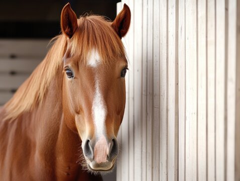 A close-up of a brown horse with a shiny coat, gazing curiously at the viewer, framed by a wooden wall.