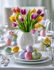Easter table setting with tulips and pastel eggs
