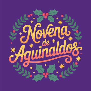 Novena de Aguinaldos festive lettering with holly and stars Keywords: Novena de Aguinaldos, Christmas