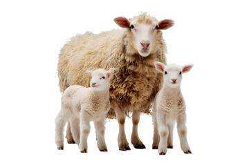 Fototapeta premium Close-up of a mother sheep with her two lambs isolated on transparent background