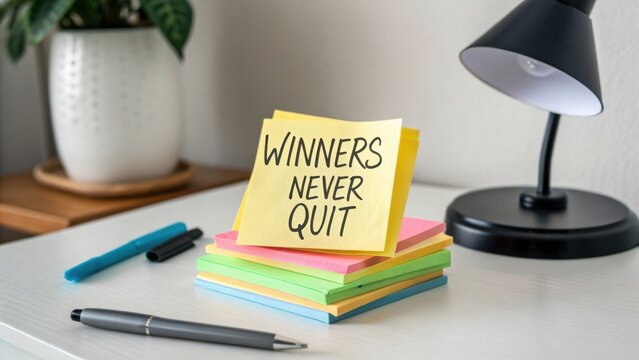 Motivational Sticky Notes with Inspirational Message on Bright Colored Paper on Desk with Pen and Lamp - Powered by Adobe