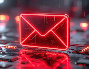Red neon email icon on a circuit board