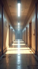 Empty hospital hallway bathed in sunlight