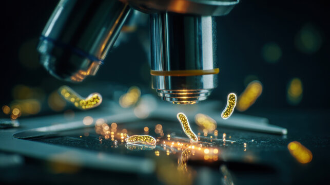 Close up view of microscope examining glowing bacteria, highlighting scientific research and microbiology. image captures intricate details of microorganisms, emphasizing innovation