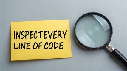 Magnifying Glass Over Sticky Note with Inspiring Message to Inspect Every Line of Code for Quality Assurance