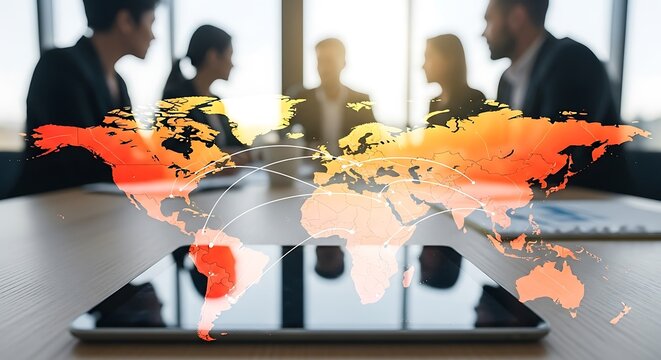 Global business team meeting with world map overlay on a tablet showing international connections and partnership opportunities in a modern office setting - Powered by Adobe