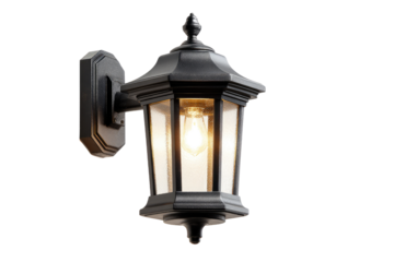 Black outdoor wall lantern with glowing bulb