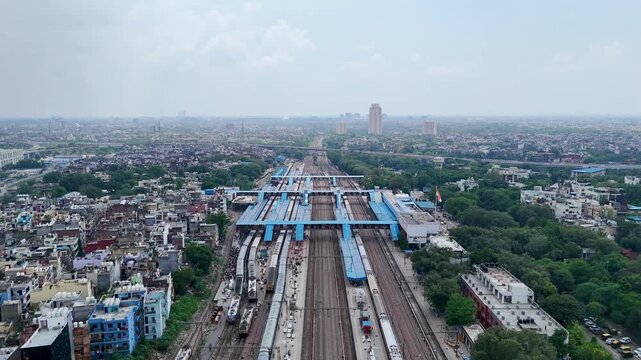 Aerial shot of Railway tracks at Hazrat Nizamuddin Railway Station in New Delhi