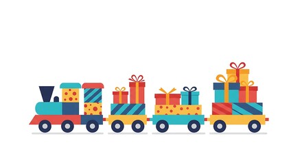 Fototapeta premium Colorful Christmas Train With Gift Boxes with Festive Holiday Celebration, and White Background.
