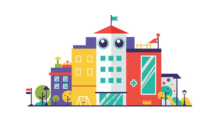 Naklejka premium Stylized flat vector illustration of a playful children�s hospital design