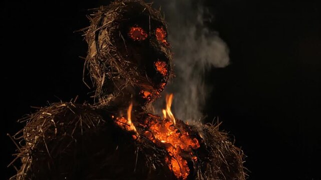 A burning effigy of Ravana on Dussehra with flames and smoke against a dark background.