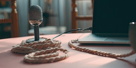 A microphone and laptop on a table