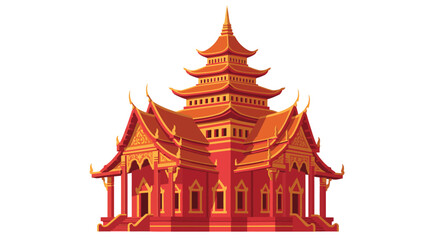Stylized vibrant Buddhist temple with layered roof design on white backdrop