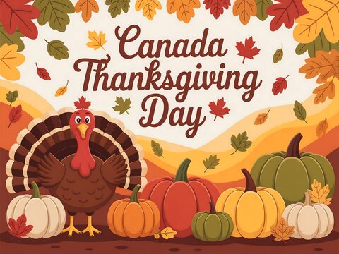 Happy canada thanksgiving day with turkey, pumpkins and autumn leaves