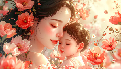 Fototapeta premium Mother and Child Surrounded by Flowers: A Tender Embrace of Love and Beauty, Gentle Affection Captured in a Serene Floral Scene