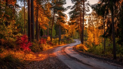 Obraz premium Road in autumn forest at sunset.