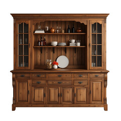 Antique wooden hutch with glass doors shelves and drawers filled with crockery jars and decorative items