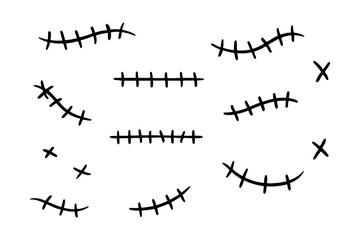 Hand drawn stitches and cross marks in doodle style, Transparent Background