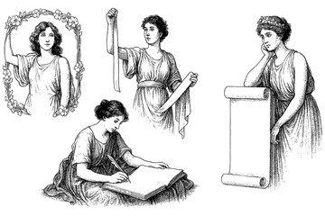 Vintage women reading writing and holding laurel wreath in classical engraving style, Transparent Background