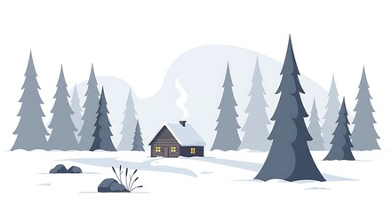 Cozy Winter Cabin Scene SnowCovered Forest with Smoke with Illustration.