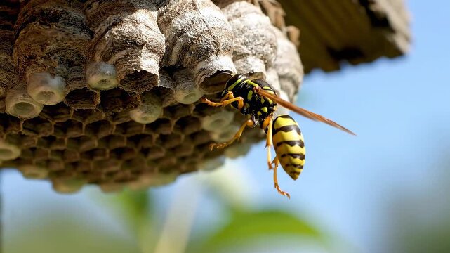 Wasp diligently building its intricate paper nest in nature.