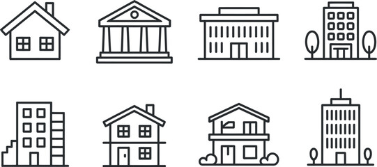 Set of eight minimalist line art icons representing different building types and architectural styles silhouette