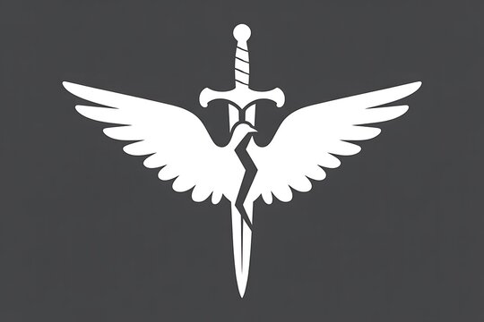 Symbolic white sword with wings against a gray background, perfect for gaming or fantasy logo design