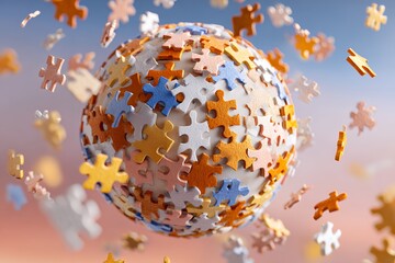 Colorful jigsaw puzzle sphere with floating pieces on blue and pink background