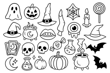 halloween doodle set with ghost skull pumpkin bat witch hat and spooky elements, Transparent Background