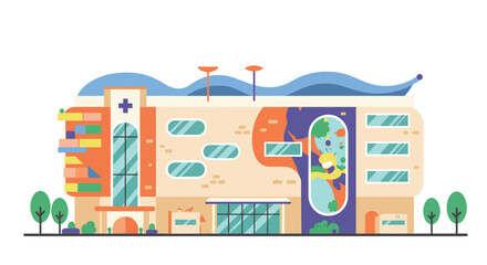 Naklejka premium Stylized illustration of a modern children�s hospital with playful architecture