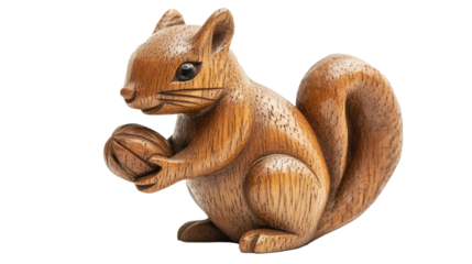 A carved wooden squirrel holding a nut on a white background - png