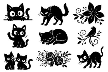 playful black cat and owl silhouettes with floral and bird elements, Transparent Background