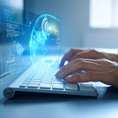 A laptop in action with colorful digital diagrams hovering in the air, symbolizing data visualization, analysis, and modern IT solutions for the business world.