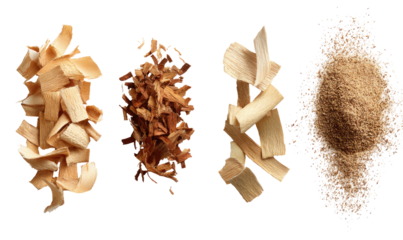 Four piles of finely chopped wood, ranging in color from light to medium brown, with a pile of wood dust/powder